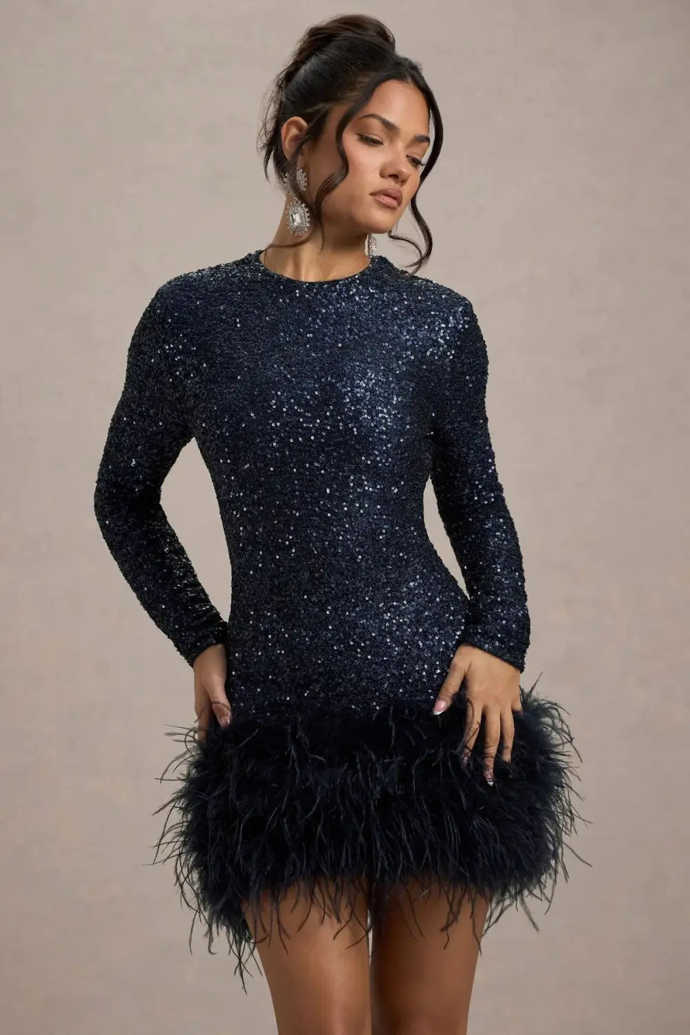 Women’s Long Sleeve Sequined Feather Dress