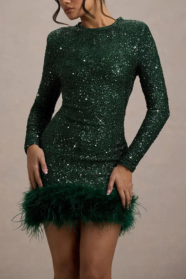 Women’s Long Sleeve Sequined Feather Dress