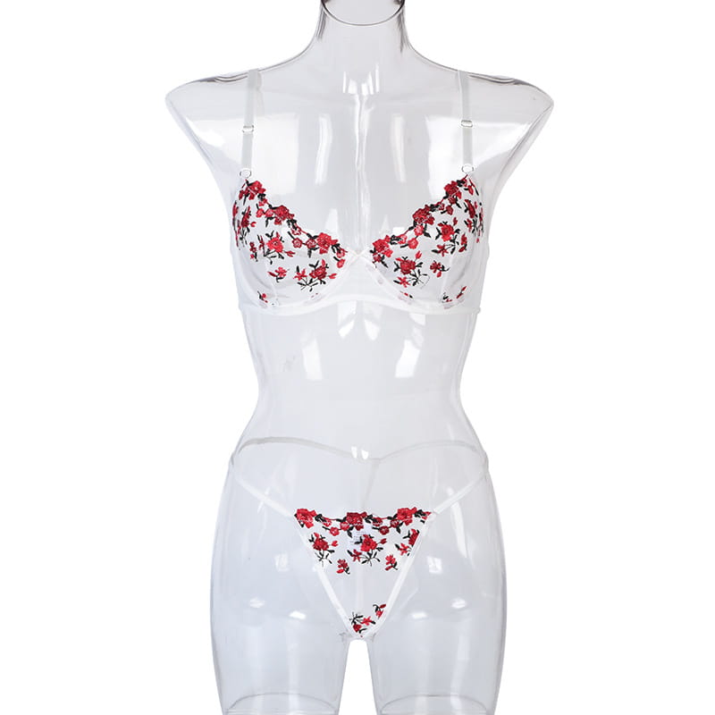 Two Piece Floral Embroidery Stretch Lingerie Set