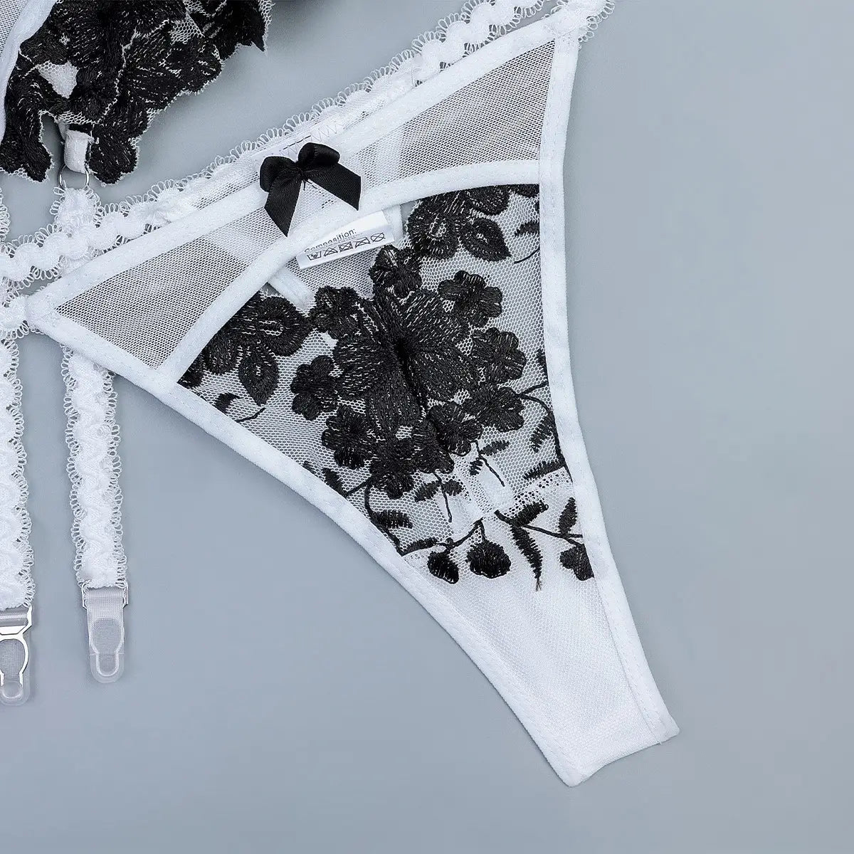 Embroidered Floral Black & White Three Piece Lingerie Set