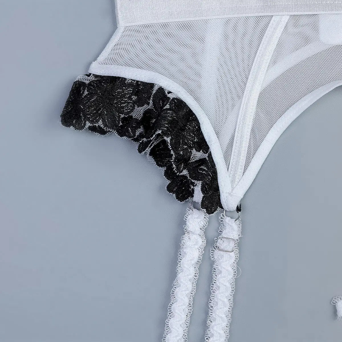 Embroidered Floral Black & White Three Piece Lingerie Set