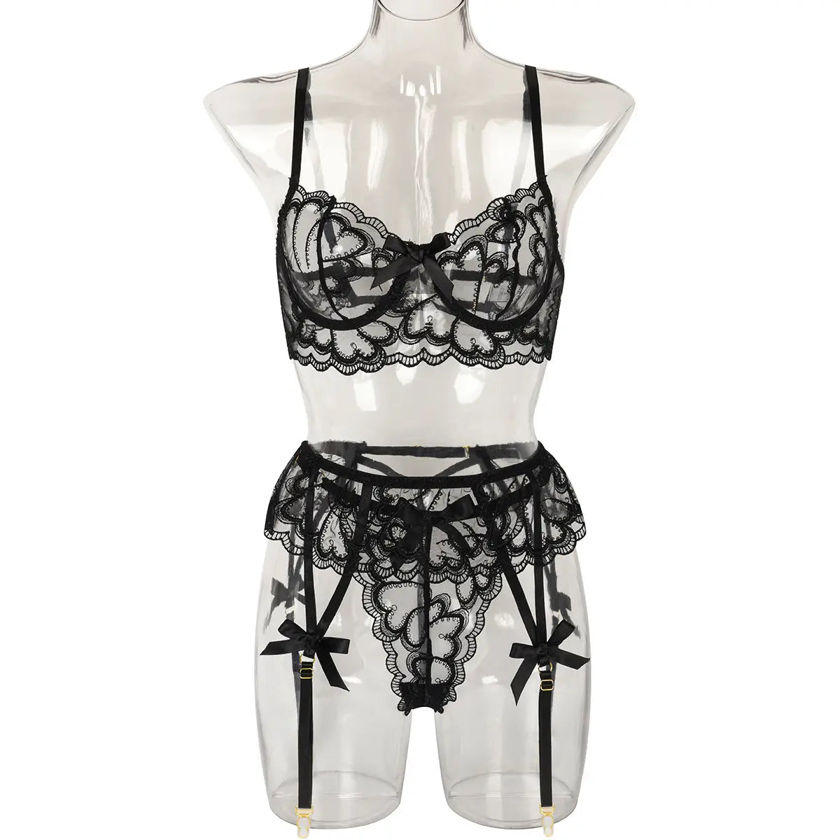 Transparent Mesh Lace Garter Three Piece Set
