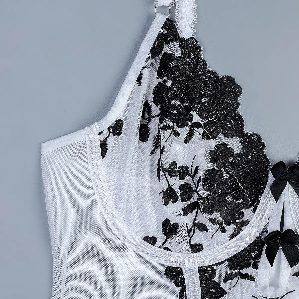 Embroidered Floral Black & White Three Piece Lingerie Set