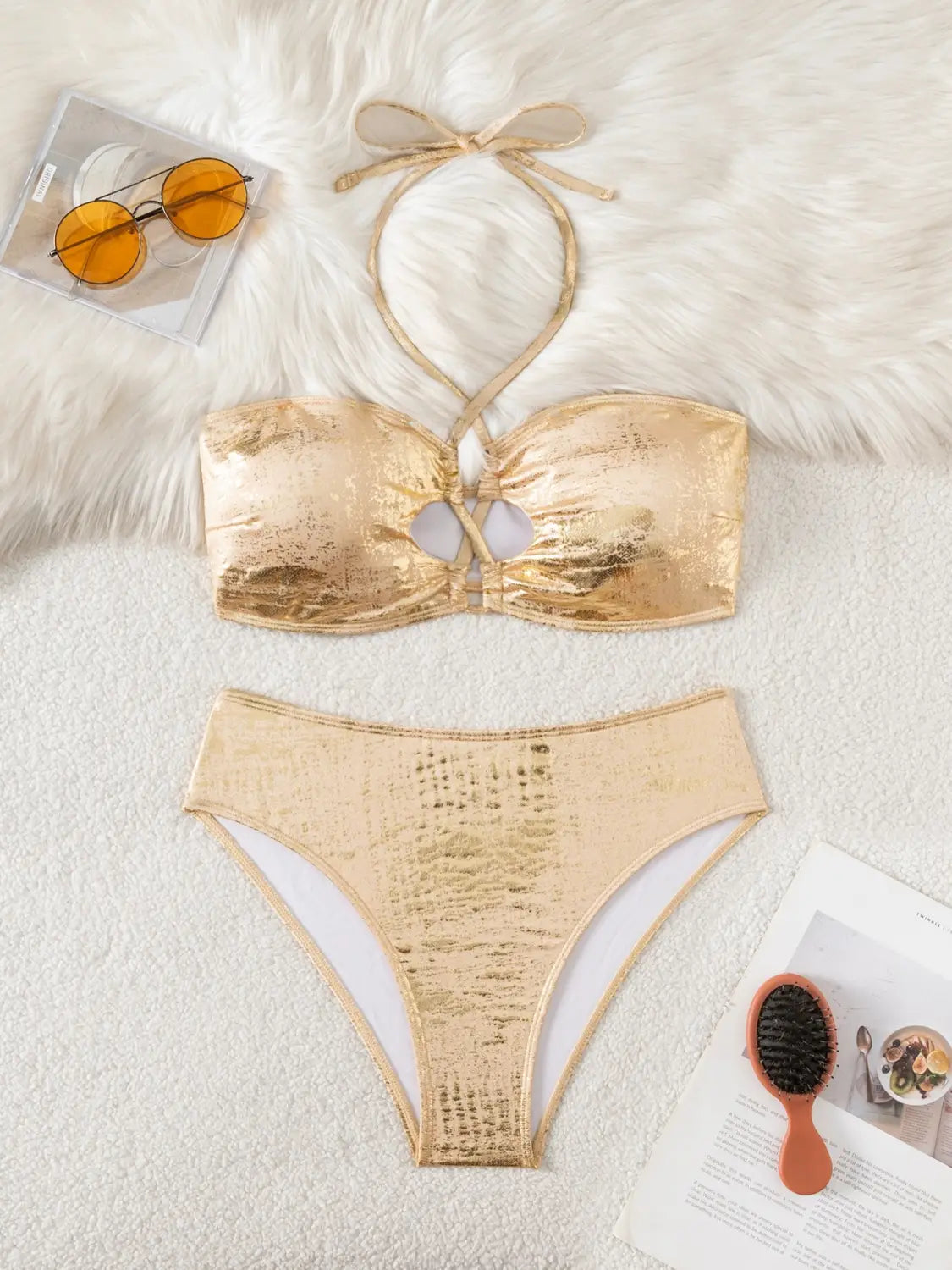 Golden Lace up Bandeau Swimsuit