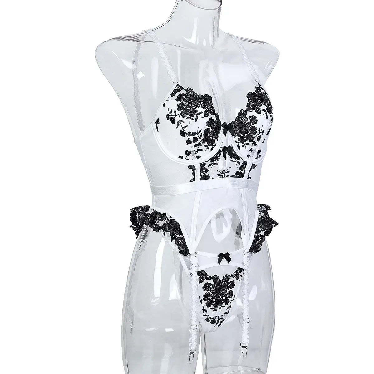 Embroidered Floral Black & White Three Piece Lingerie Set