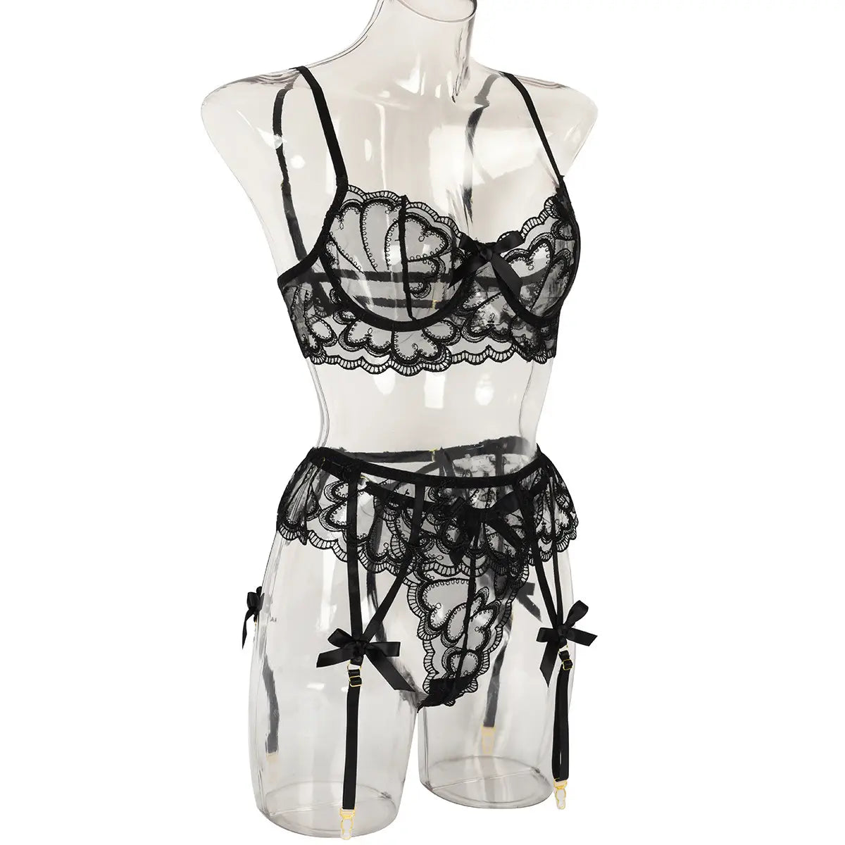 Transparent Mesh Lace Garter Three Piece Set