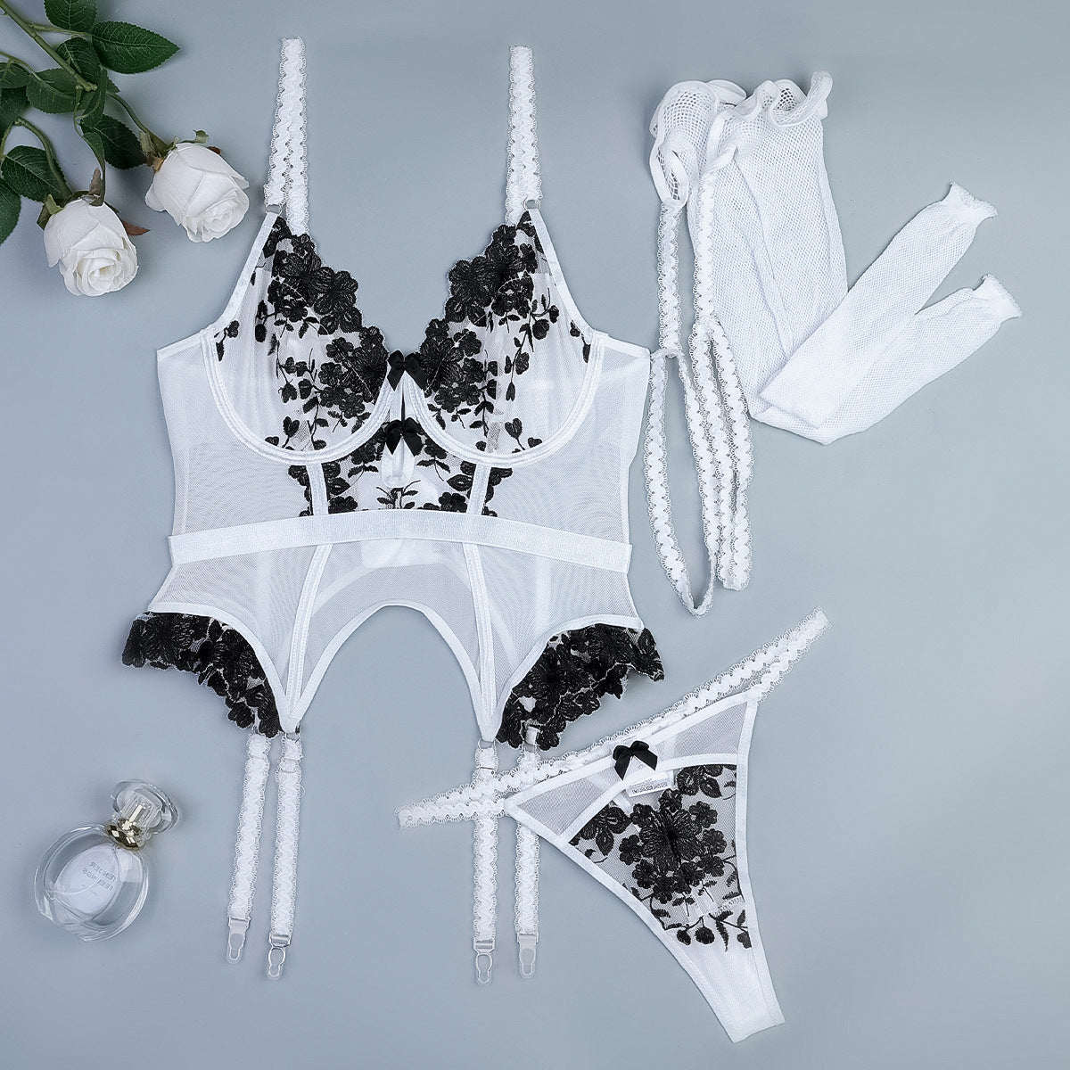 Embroidered Floral Black & White Three Piece Lingerie Set