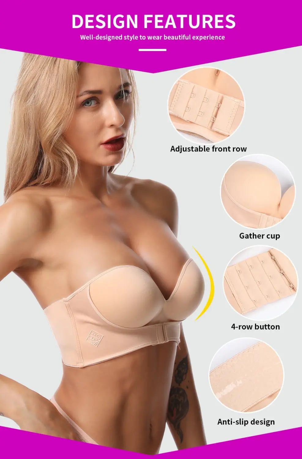 Strapless Non-slip Front Buckle Pushup Bra