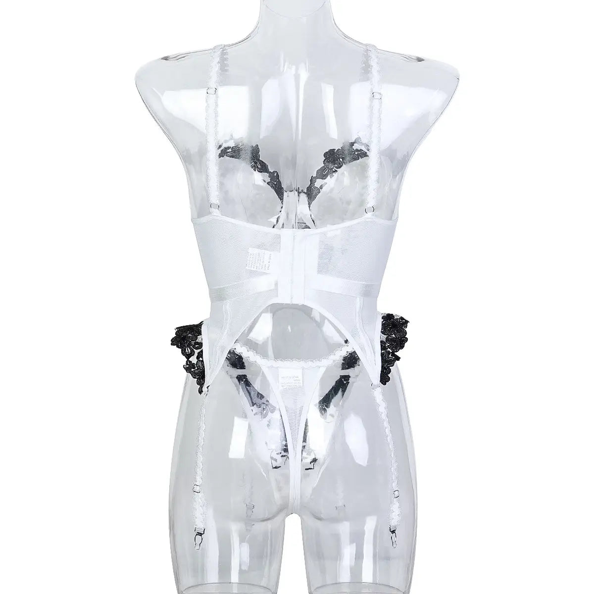 Embroidered Floral Black & White Three Piece Lingerie Set