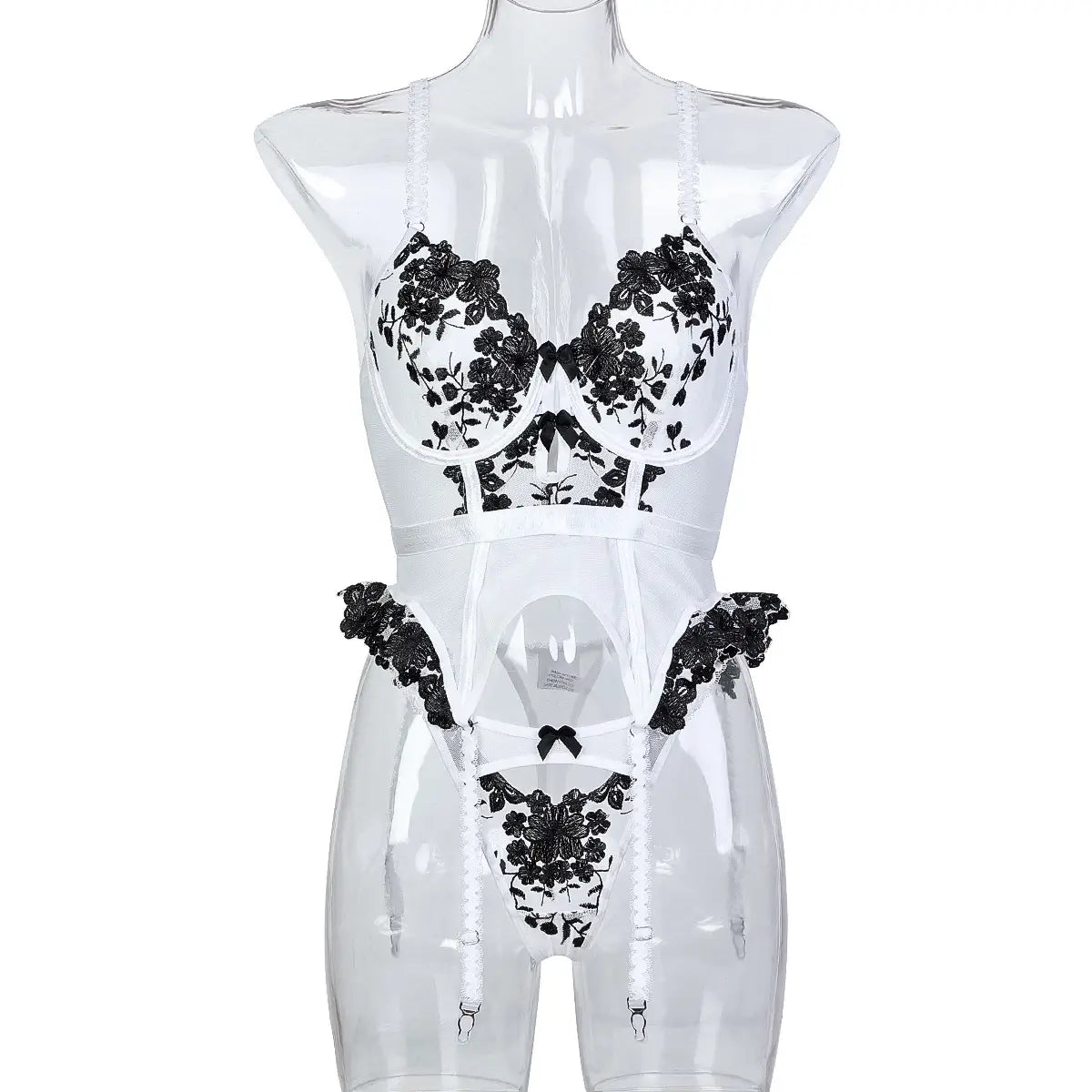 Embroidered Floral Black & White Three Piece Lingerie Set