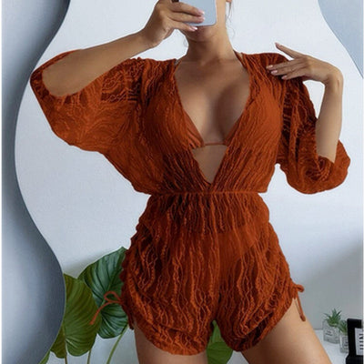 Long Sleeve Mesh High Waist Drawstring Sun Protective Three Piece Bikini