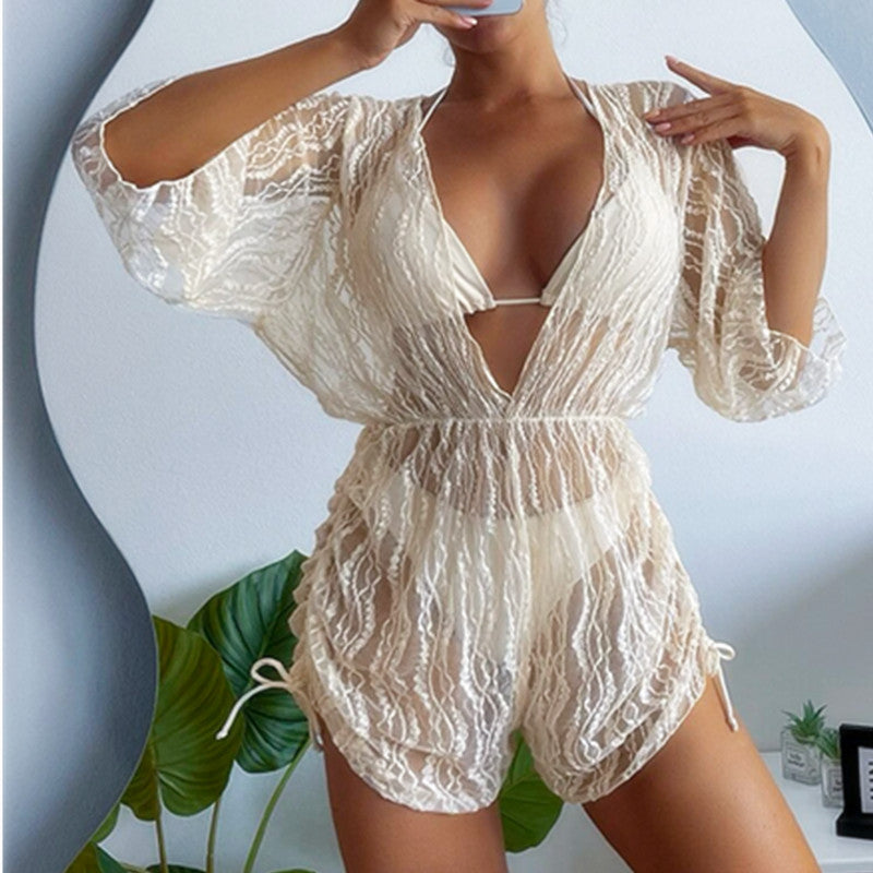 Long Sleeve Mesh High Waist Drawstring Sun Protective Three Piece Bikini