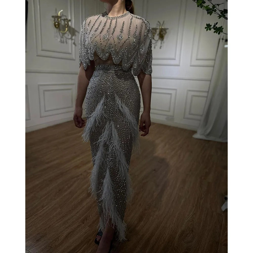 Silver Nude Slim-fit Feather Evening Dress