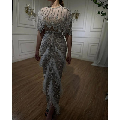 Silver Nude Slim-fit Feather Evening Dress