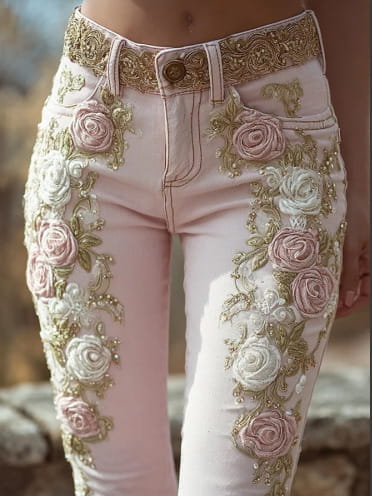 Women’s Retro Pink Rose Embroidered Printed Jeans
