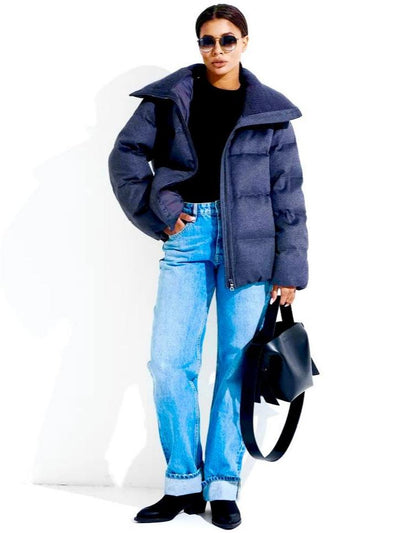 Australian Wool Silk Blend Down Fill Coat - XS (36) / Navy/Grey - Coat Parka