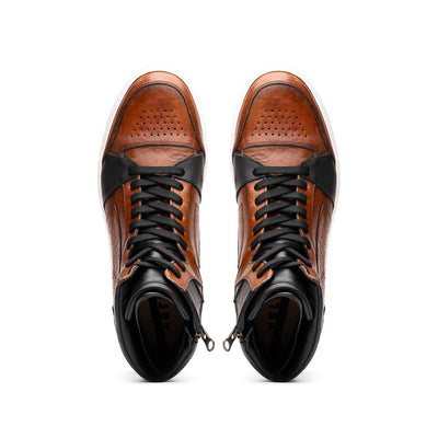 65-356-BRN BRAVO Italian Burnished Calfskin High Top Dress Sneaker Black / Brown