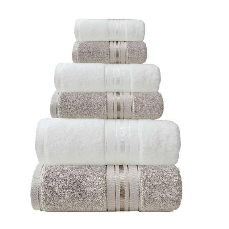 Cotton & Glossy Satin Towel Set - Khaki Straight White / 6 Piece set
