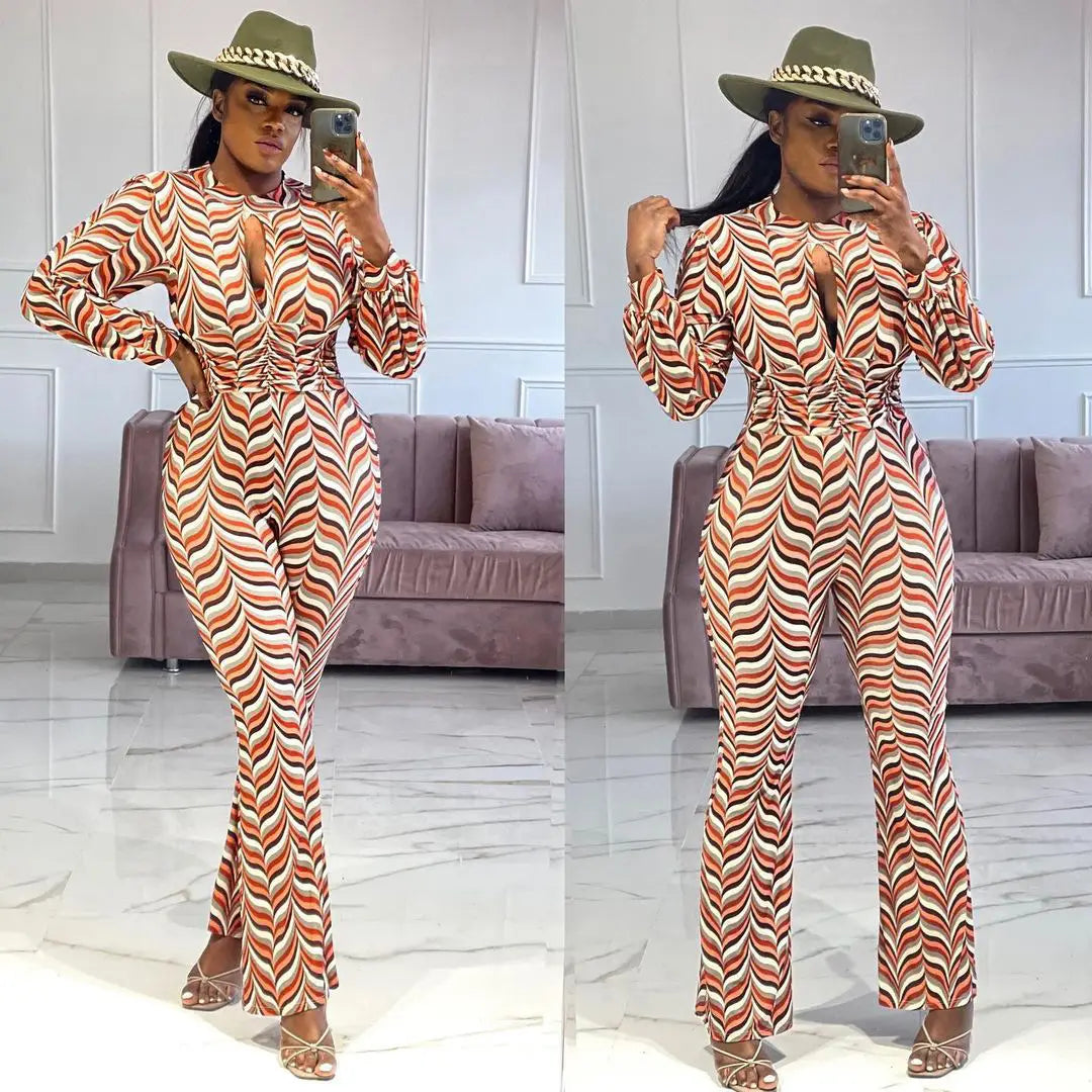 Women’s Cutout Smocked Print Flared Jumpsuit