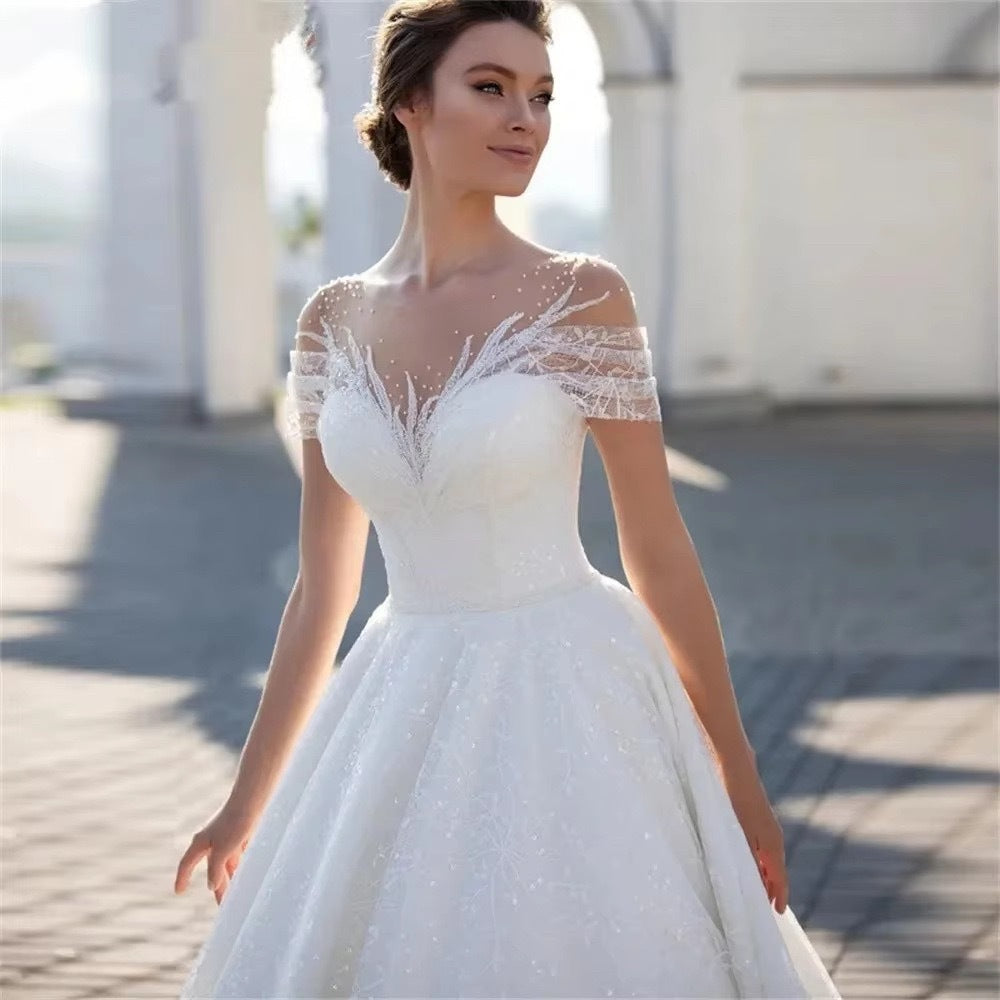 Off-shoulder Lace Wedding Dress with Train