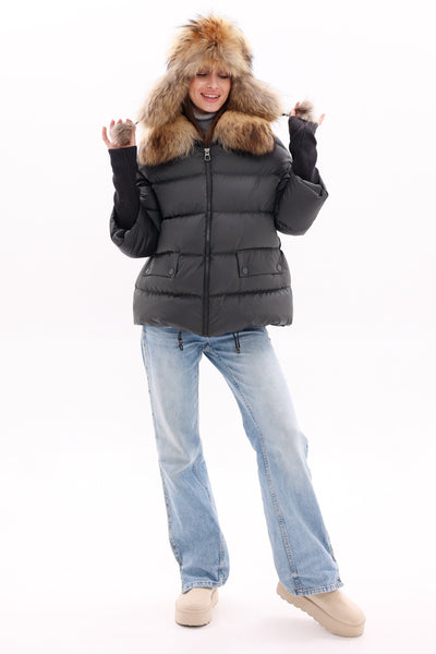 Genuine Fur Trim Down Fill Coat in Black - XS/S (38) / Black - Coat Parka