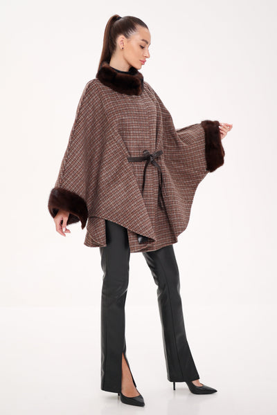 Genuine Scandinavian Mink Fur Double Face Wool Poncho - 40 (XS/S/M/L) / Plaid Brown - poncho
