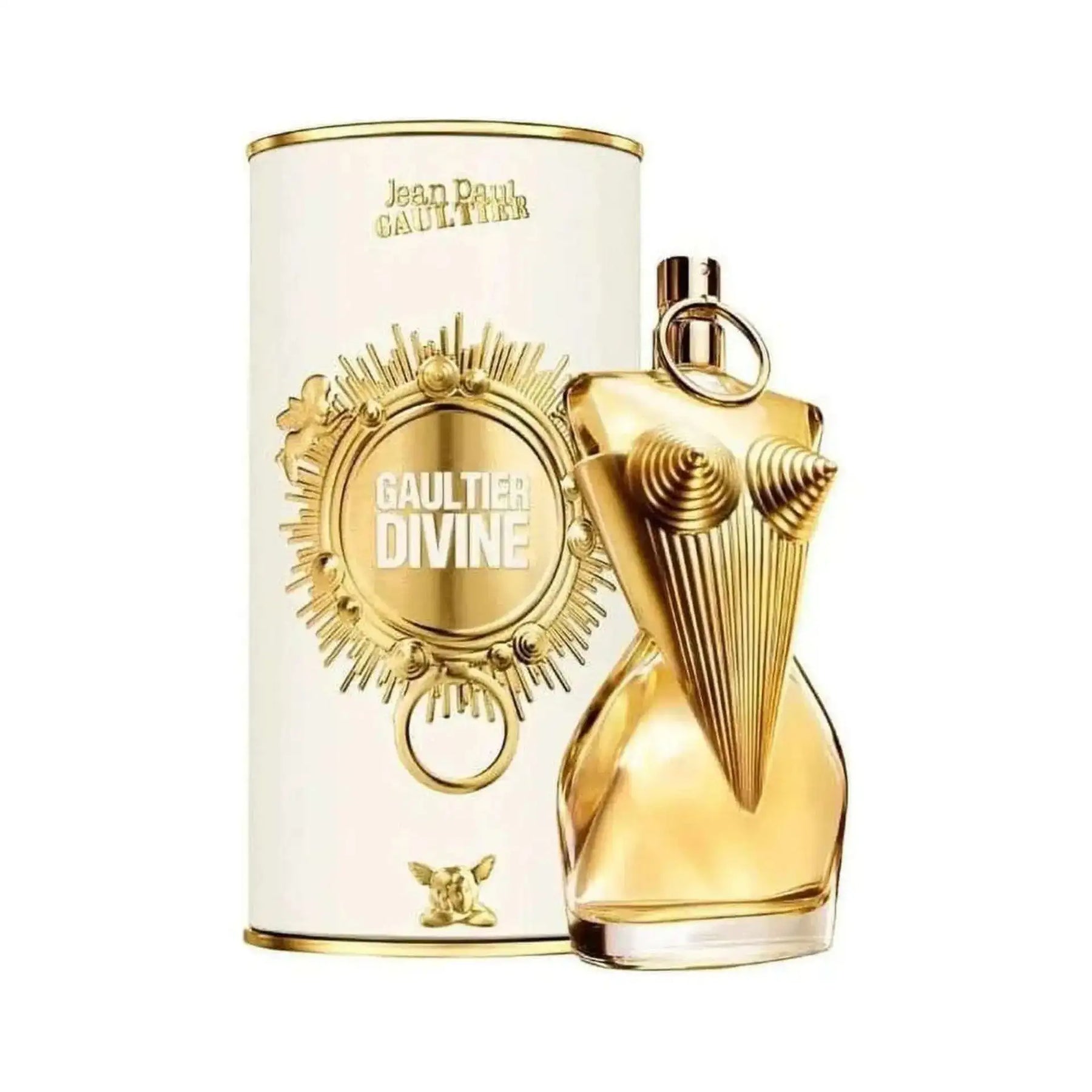 Gold perfume bottle with a sunburst design and ’gaultier divine’ label.