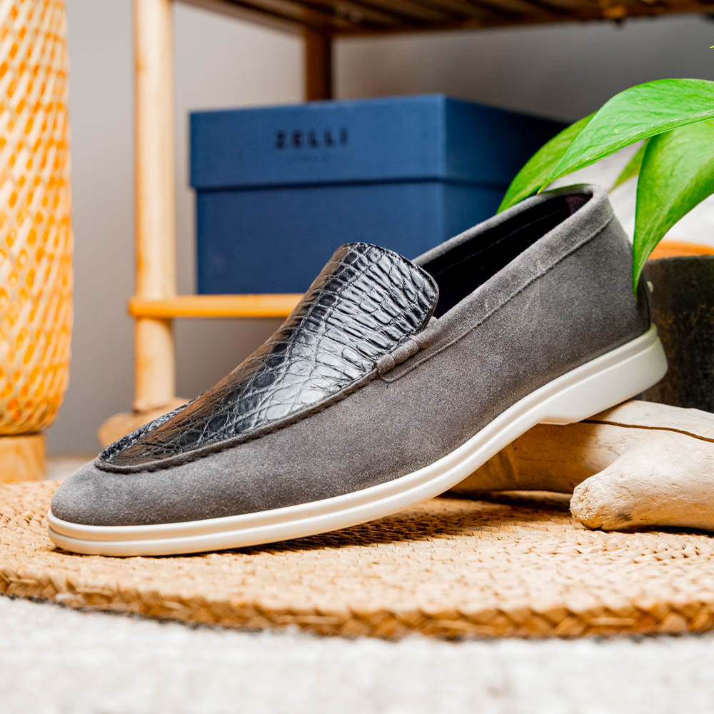 11-603-GRY BENE Sueded Italian Goatskin & Crocodile Loafer Grey
