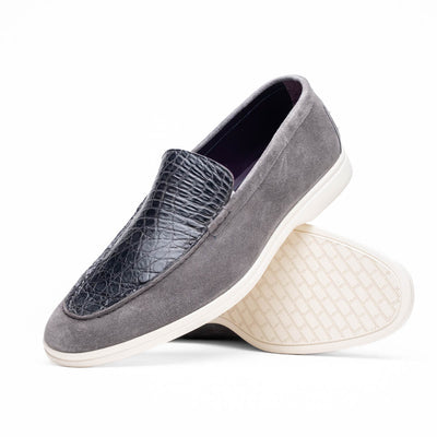 11-603-GRY BENE Sueded Italian Goatskin & Crocodile Loafer Grey