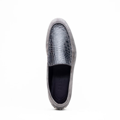 11-603-GRY BENE Sueded Italian Goatskin & Crocodile Loafer Grey
