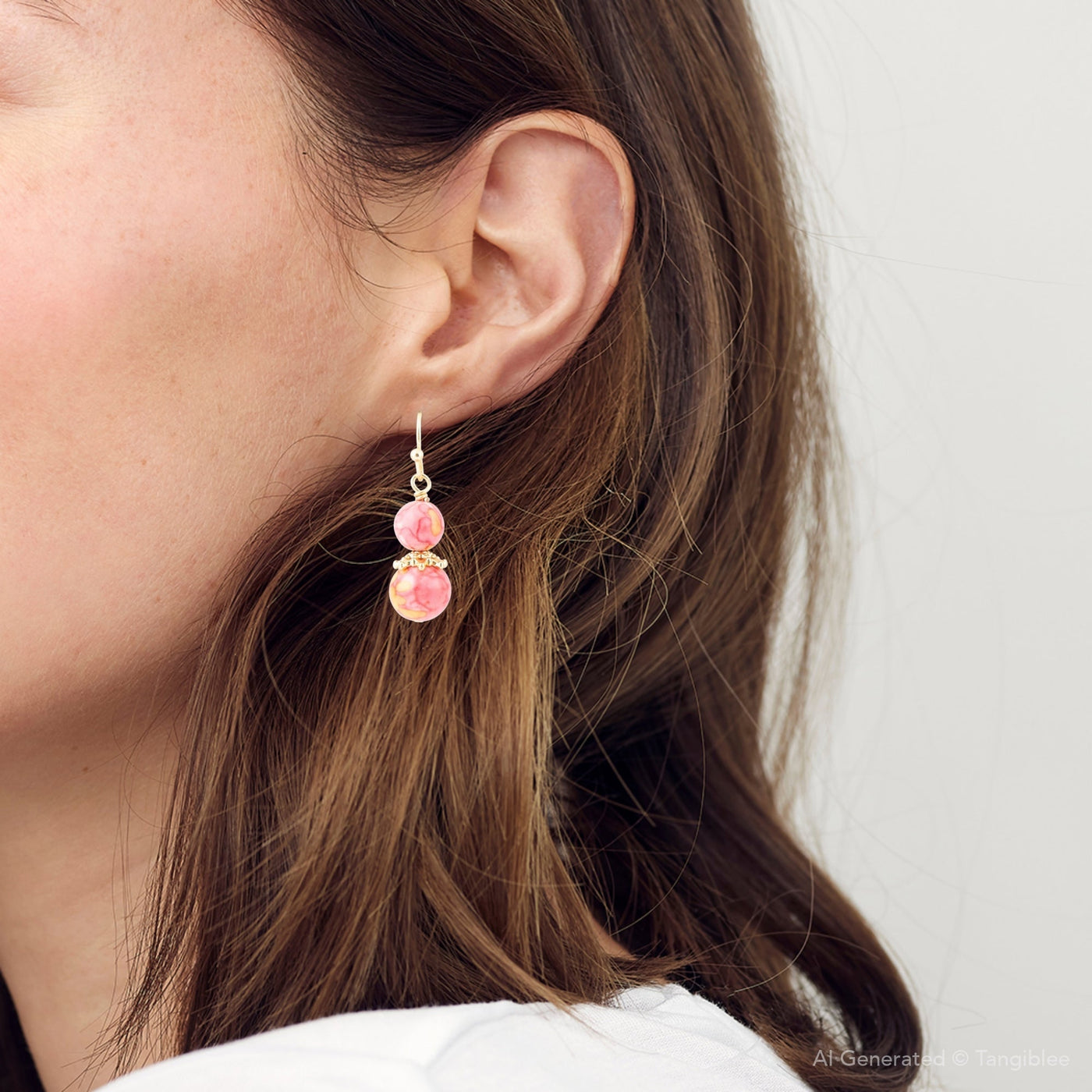 Mottled Pink Jade Golden Drop Earrings