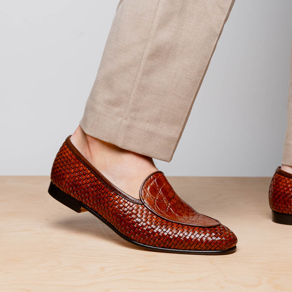 11-620-CGN PALIO Genuine Crocodile and Calfskin Basketweave Slip On, Cognac