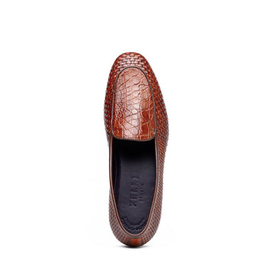 11-620-CGN PALIO Genuine Crocodile and Calfskin Basketweave Slip On, Cognac