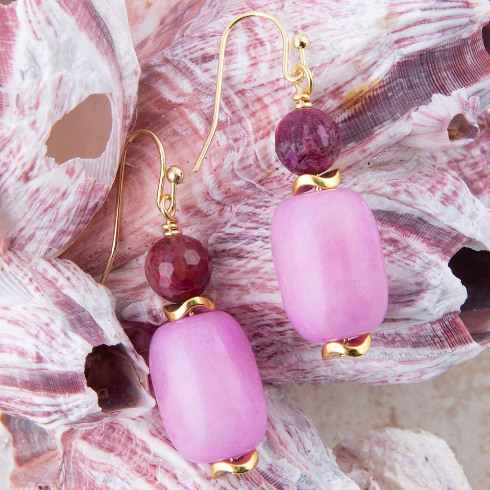 Peony Fuchsia Pink Agate Golden Drop Earrings